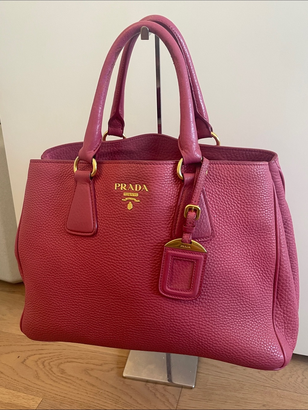 Prada Peonia Pink Vitello Daino Leather Tote Satchel Gold Hardware Shoulder Bag